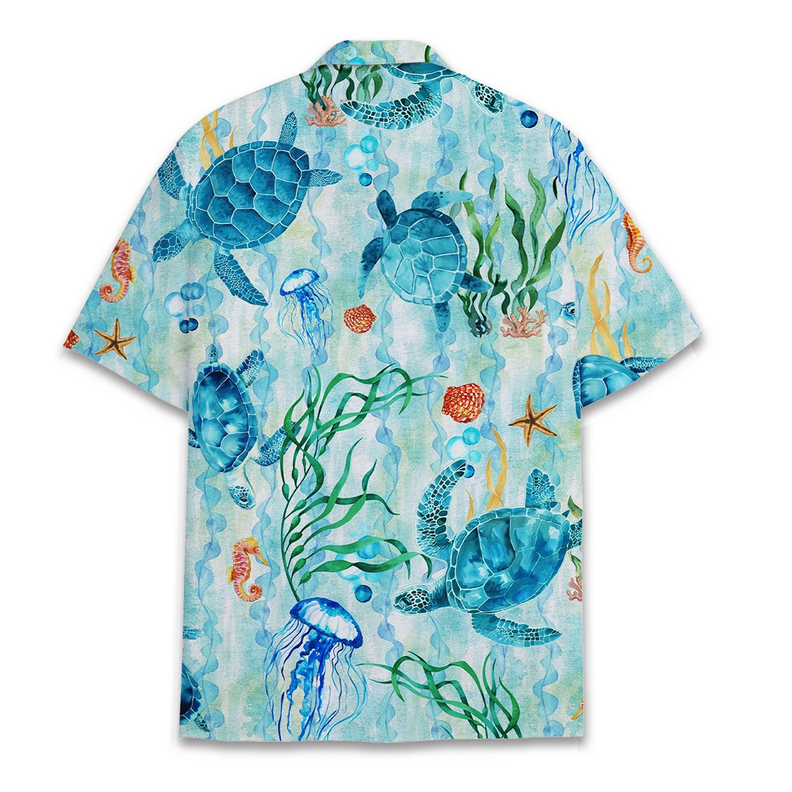 Back view of the matching family hawaiian shirts in a light blue ocean theme