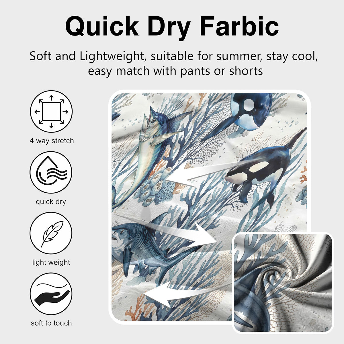 Close up detail of the marine animals and blue coral reef pattern on the Hawaiian shirt