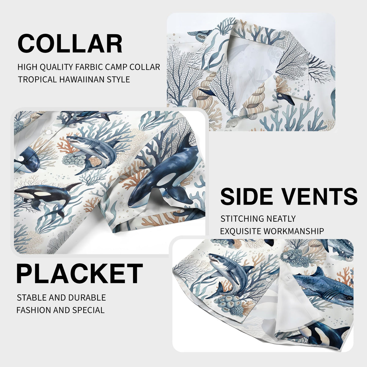 Second close up detail of the polyester fabric and ocean print on the Hawaiian shirt
