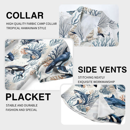 Second close up detail of the polyester fabric and ocean print on the Hawaiian shirt