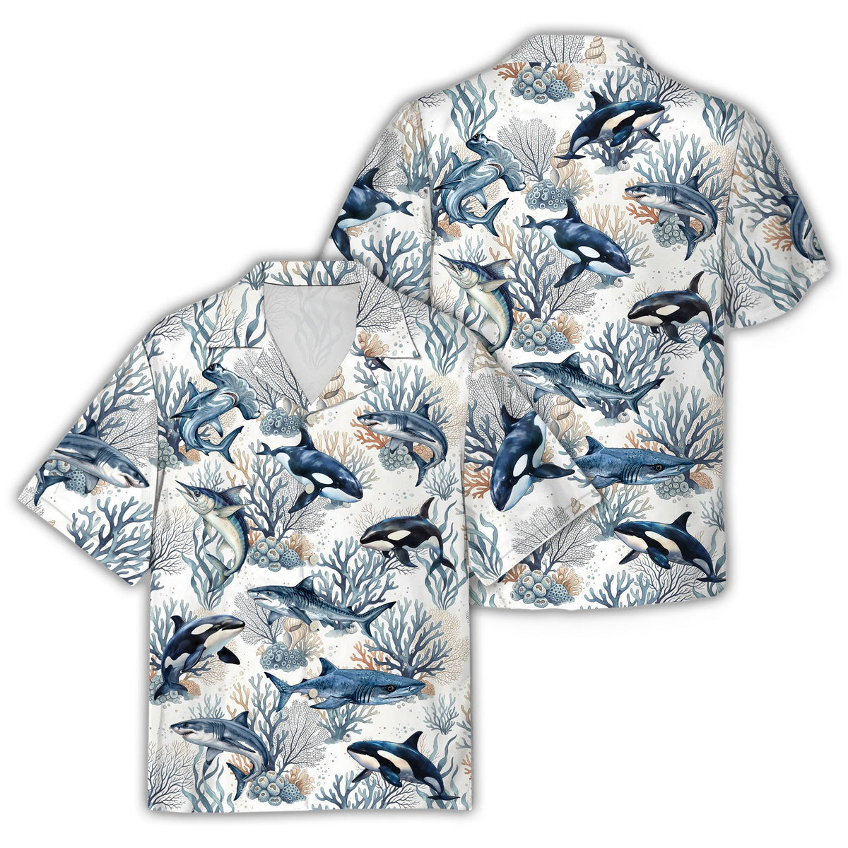 White ocean hawaiian shirt featuring sharks and coral on white, main view