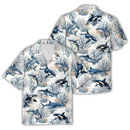 White ocean hawaiian shirt featuring sharks and coral on white, main view