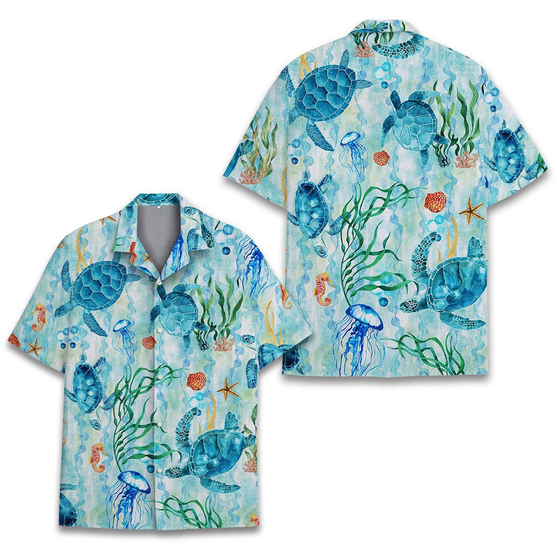Detailed front view of the light blue ocean life matching family hawaiian shirt