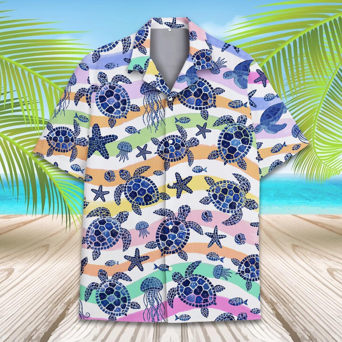 Close up front detail of the life hawaiian shirt with ocean animals