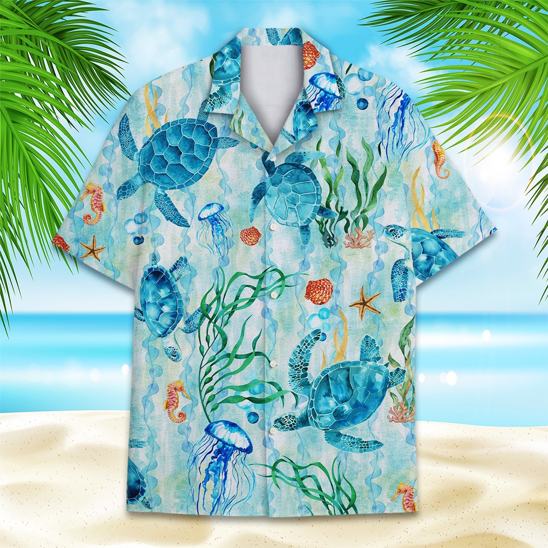 Close-up front view of the watercolor sea turtle and starfish hawaiian shirt design