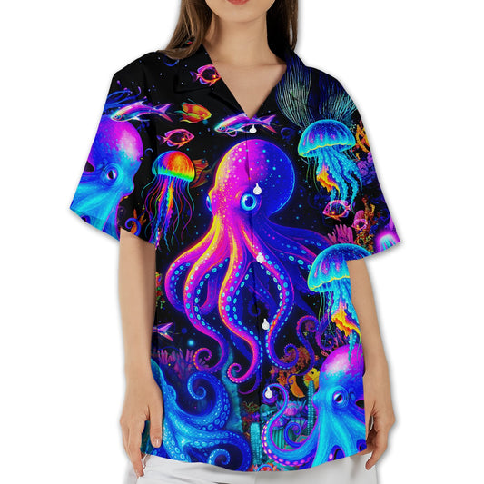 Black ocean hawaiian shirt featuring neon jellyfish and coral, main view