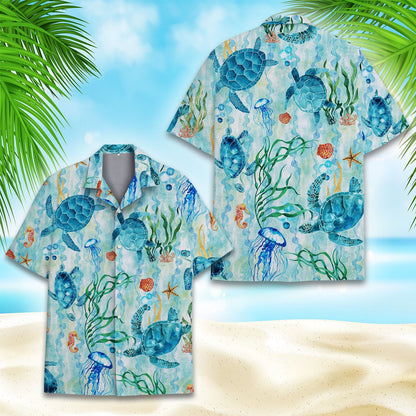Matching family Hawaiian shirts with an ocean life print on a light blue background, front view