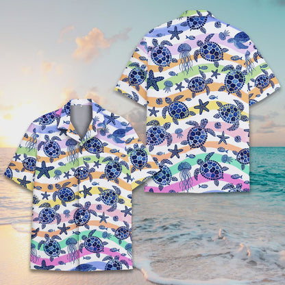 Matching family hawaiian shirts in white and multicolor ocean design, main view