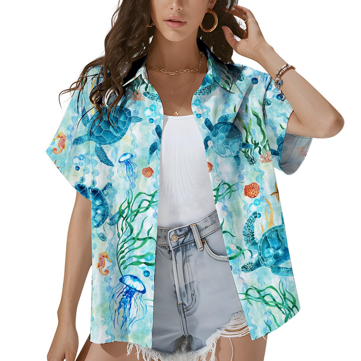 Lifestyle view of the matching family hawaiian shirt outdoors