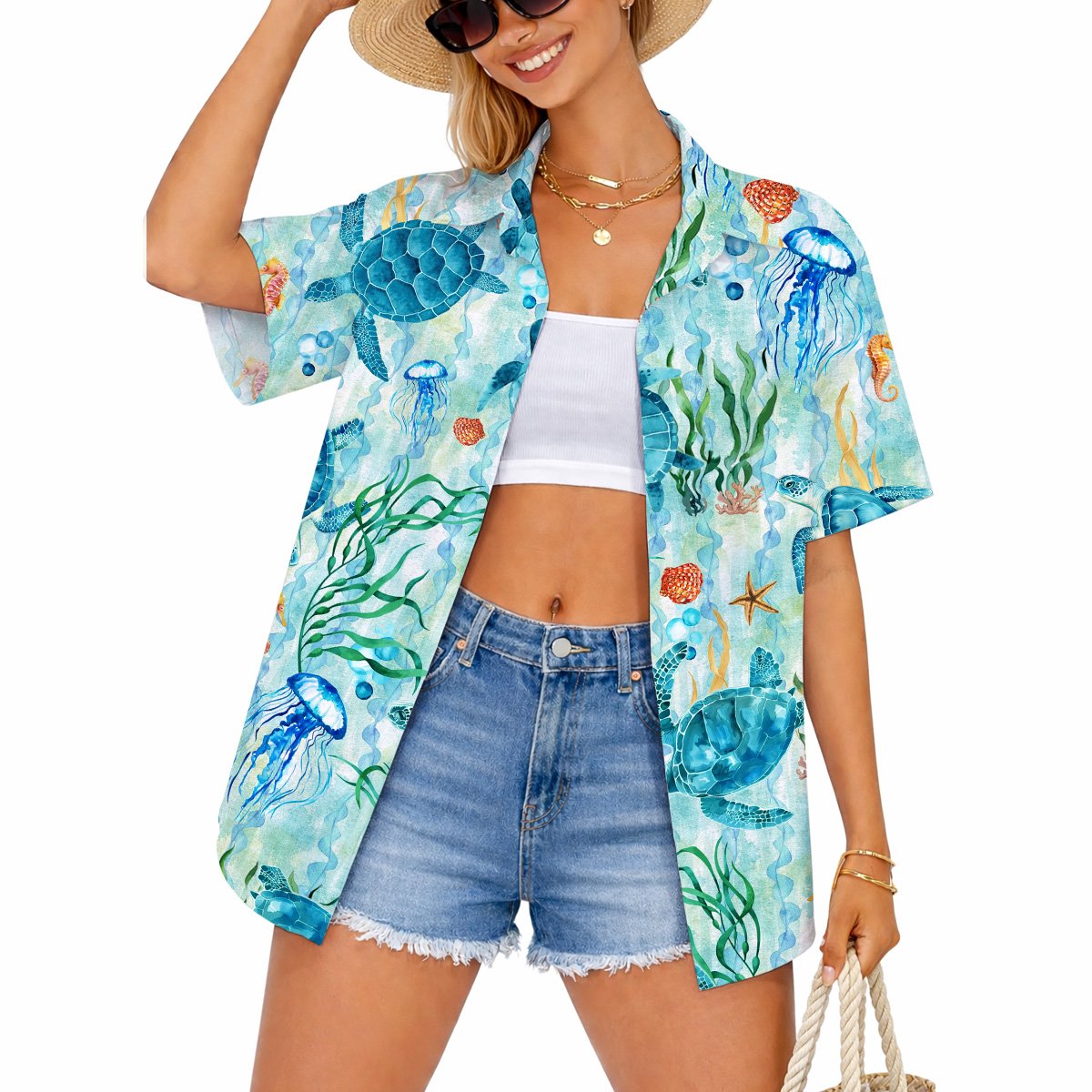 Close up lifestyle view of the watercolor ocean pattern hawaiian shirt