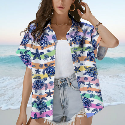 Close up lifestyle view of the white ocean hawaiian shirt