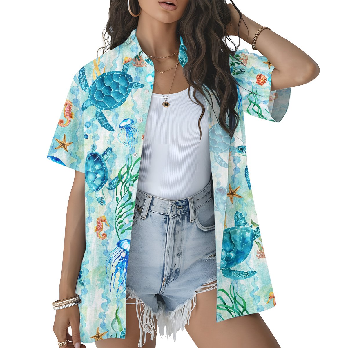 Person wearing the ocean life hawaiian shirt, lifestyle view