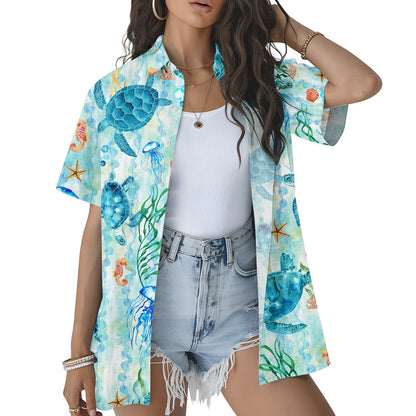 Person wearing the ocean life hawaiian shirt, lifestyle view