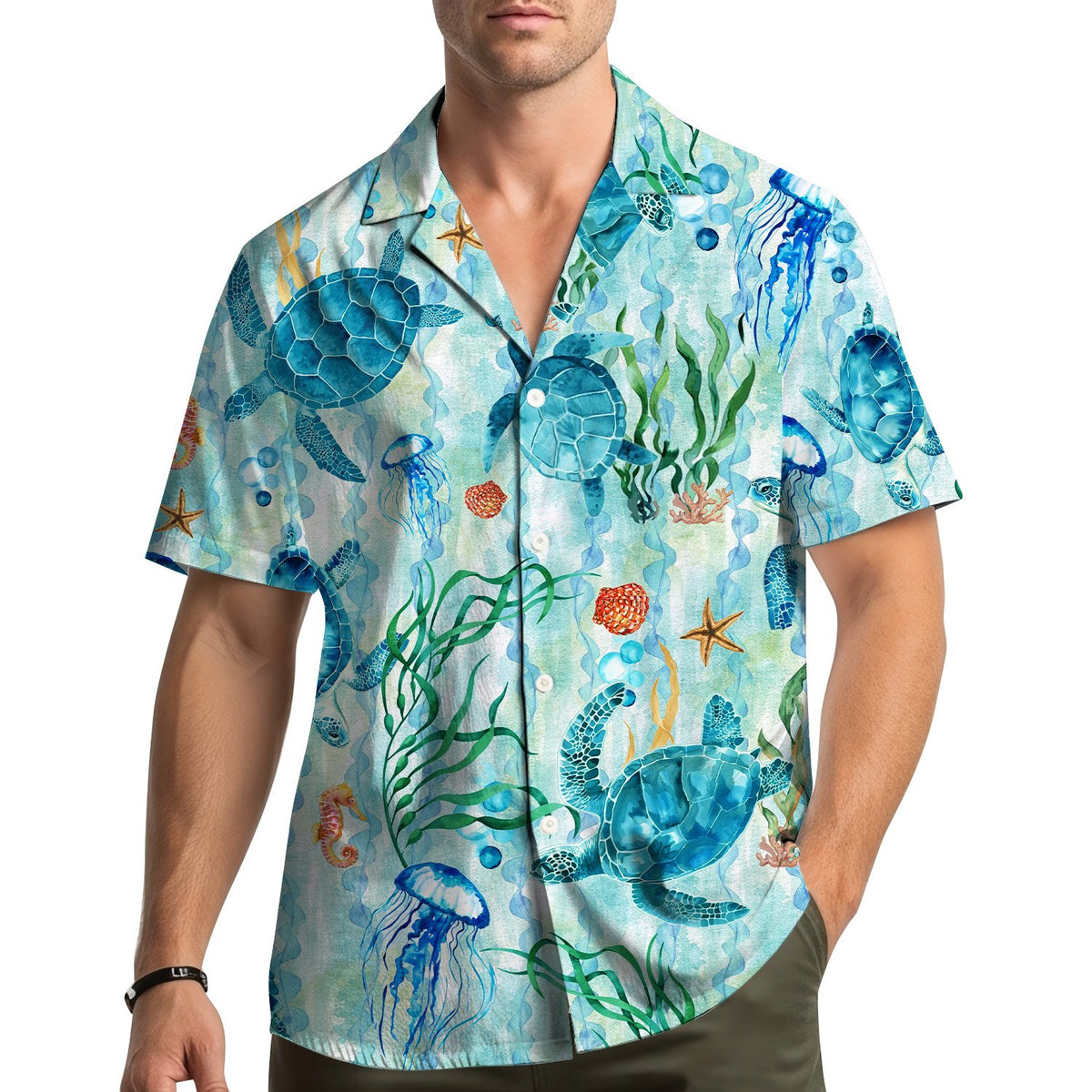 People wearing matching family hawaiian shirts with an ocean life print in a lifestyle setting
