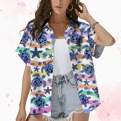 Lifestyle image of the ocean life hawaiian shirt worn outside