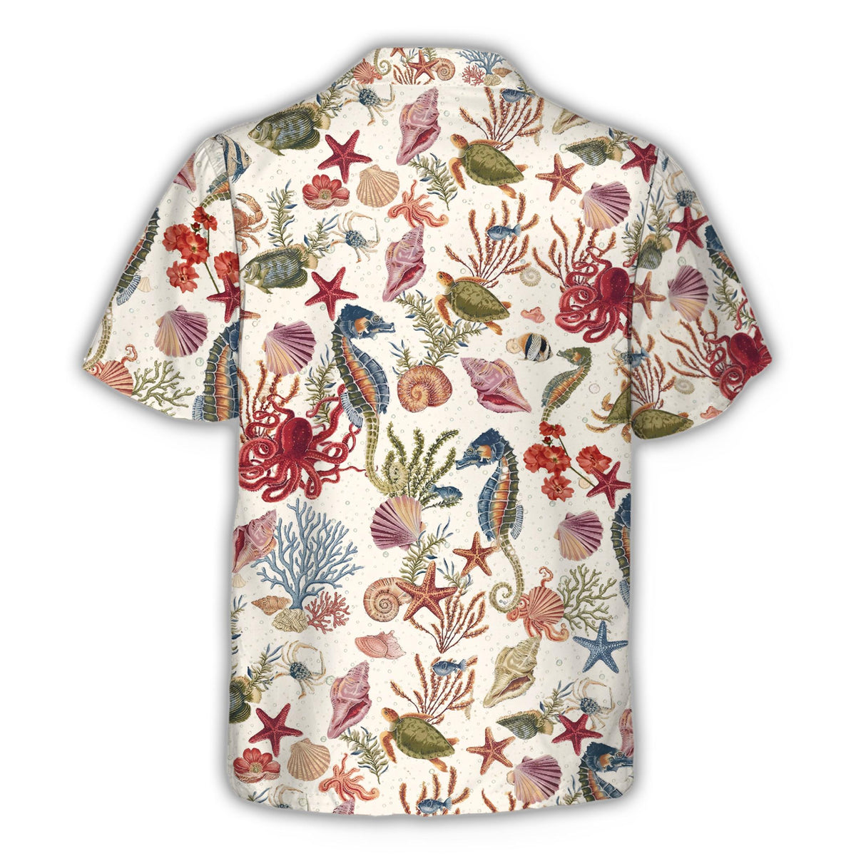 Back view of the white ocean hawaiian shirt featuring seahorses and octopuses