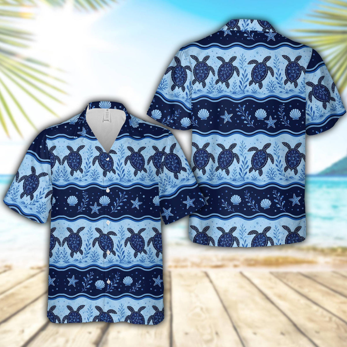 Front view of the blue ocean hawaiian shirt with sea turtle and seashell print