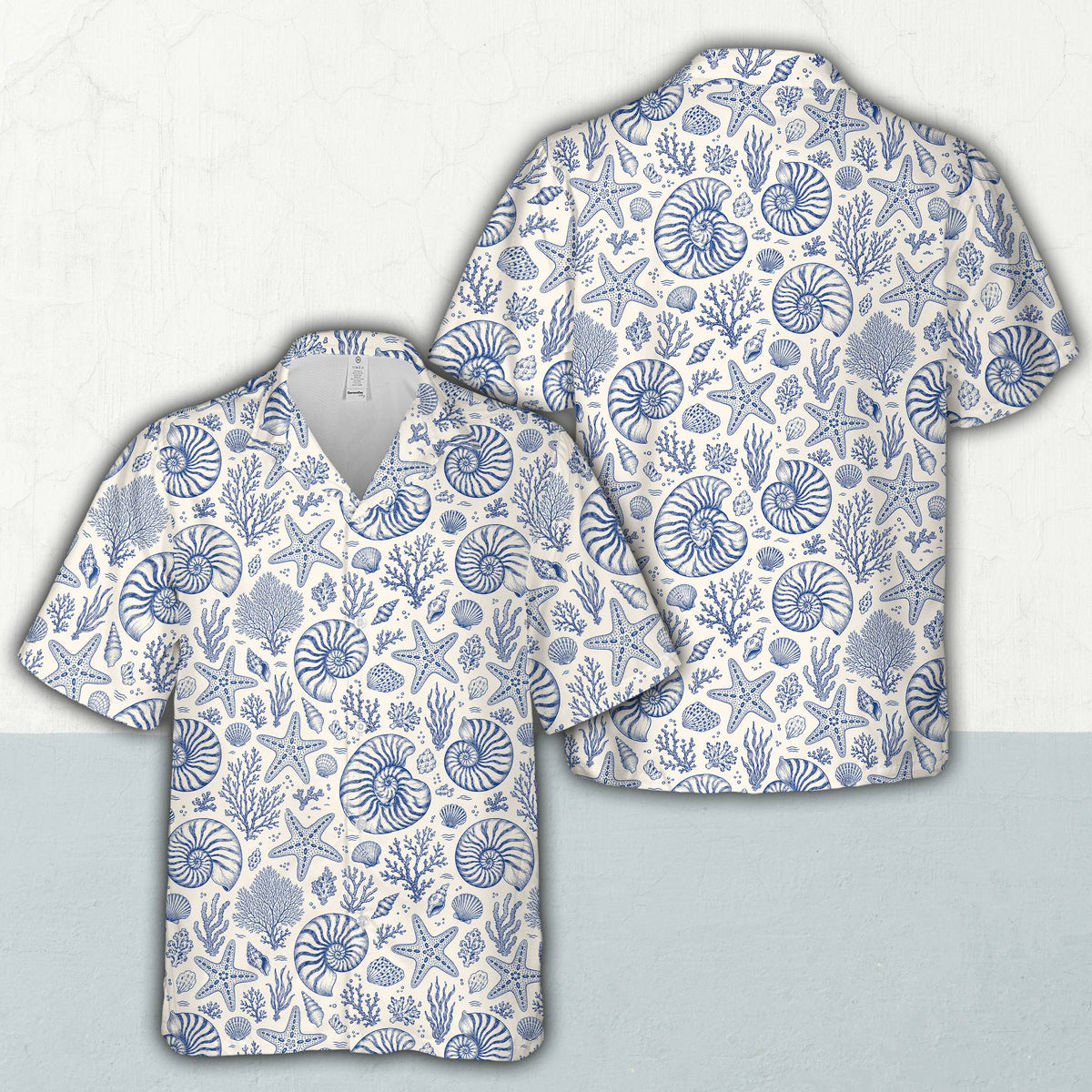 Ocean current hawaiian shirt featuring a blue and white nautical seashell print, main view