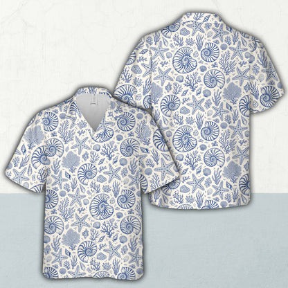 Ocean current hawaiian shirt featuring a blue and white nautical seashell print, main view