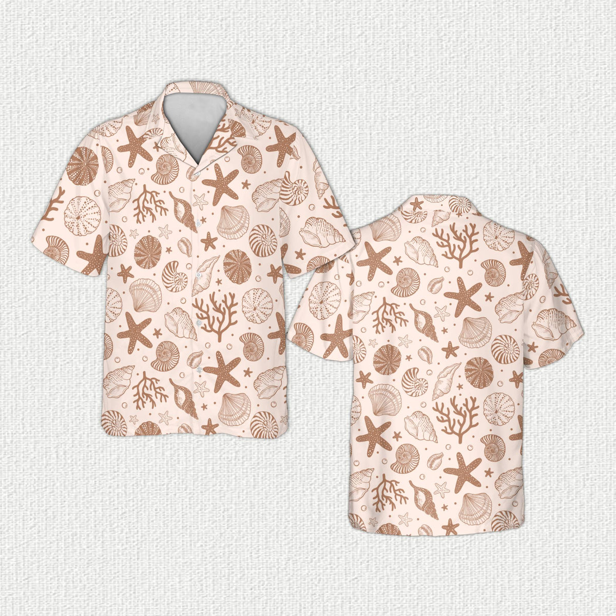 Beige seashell hawaiian shirt featuring starfish and coral branches, front view