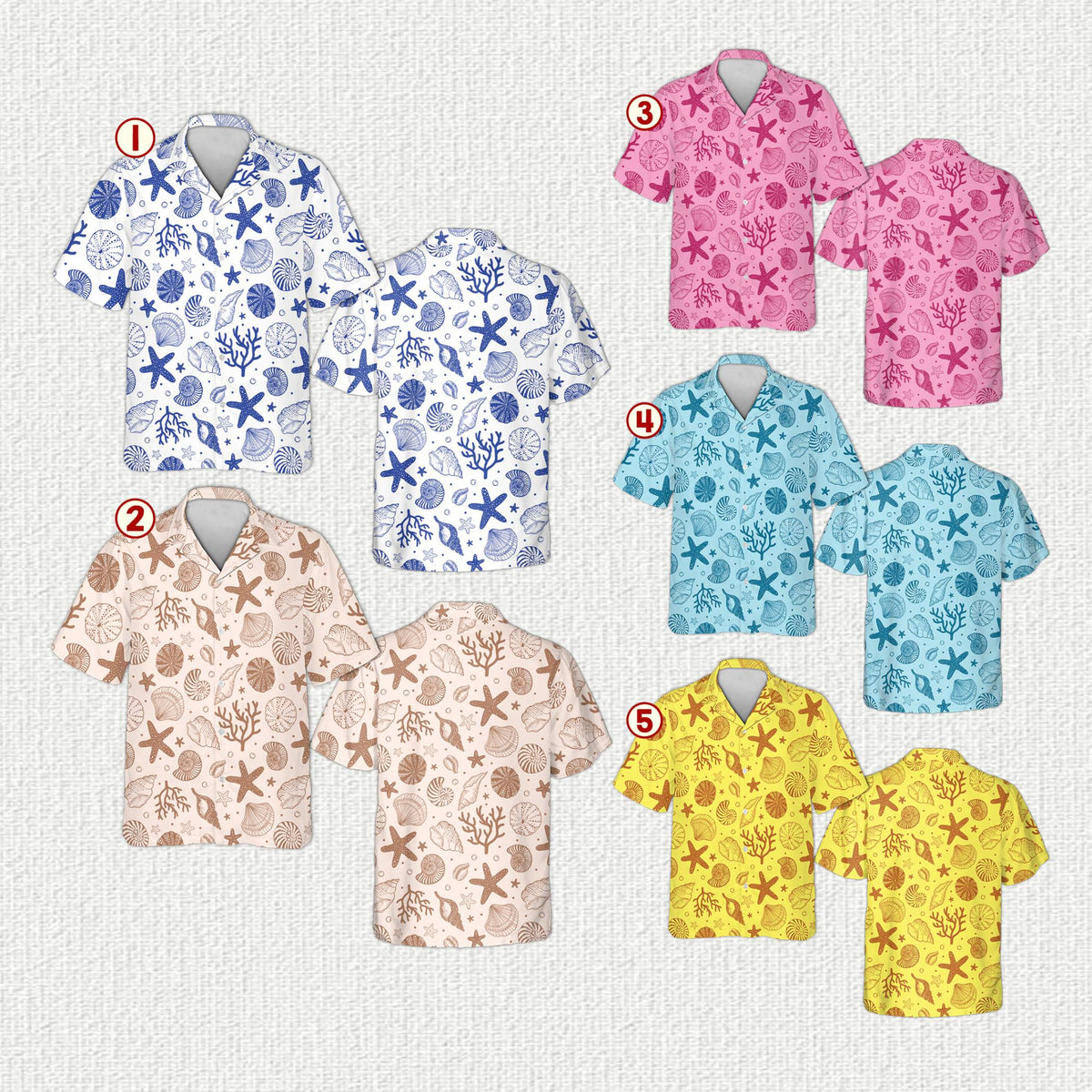 Multicolor view of the ocean seashell hawaiian shirt design