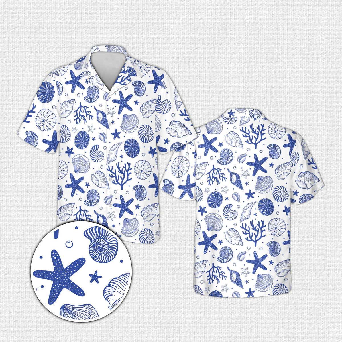 White ocean/seashell hawaiian shirt for matching family outfits, front view