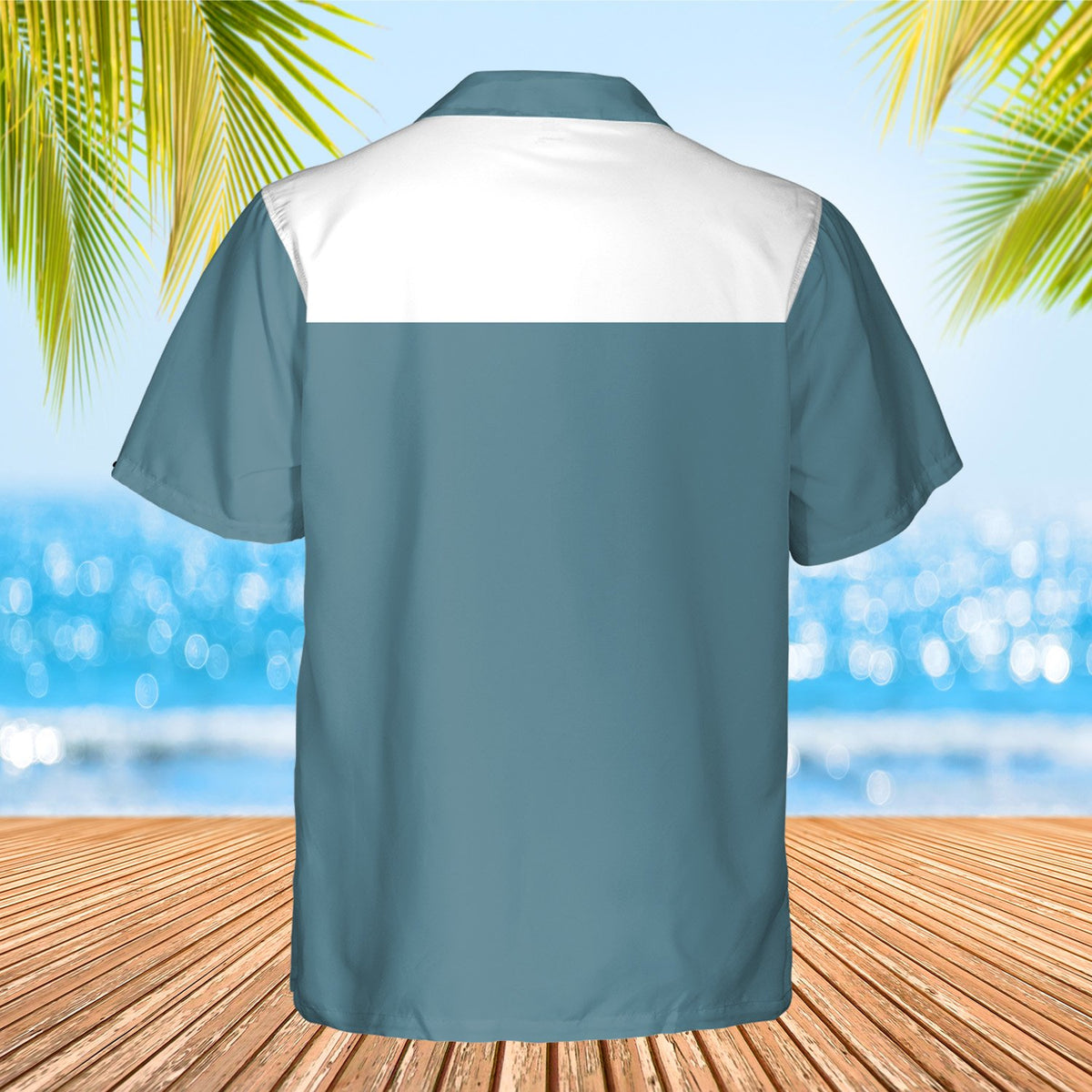 Back view of the teal and white button-down hawaiian shirt