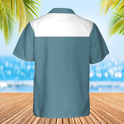 Back view of the teal and white button-down hawaiian shirt