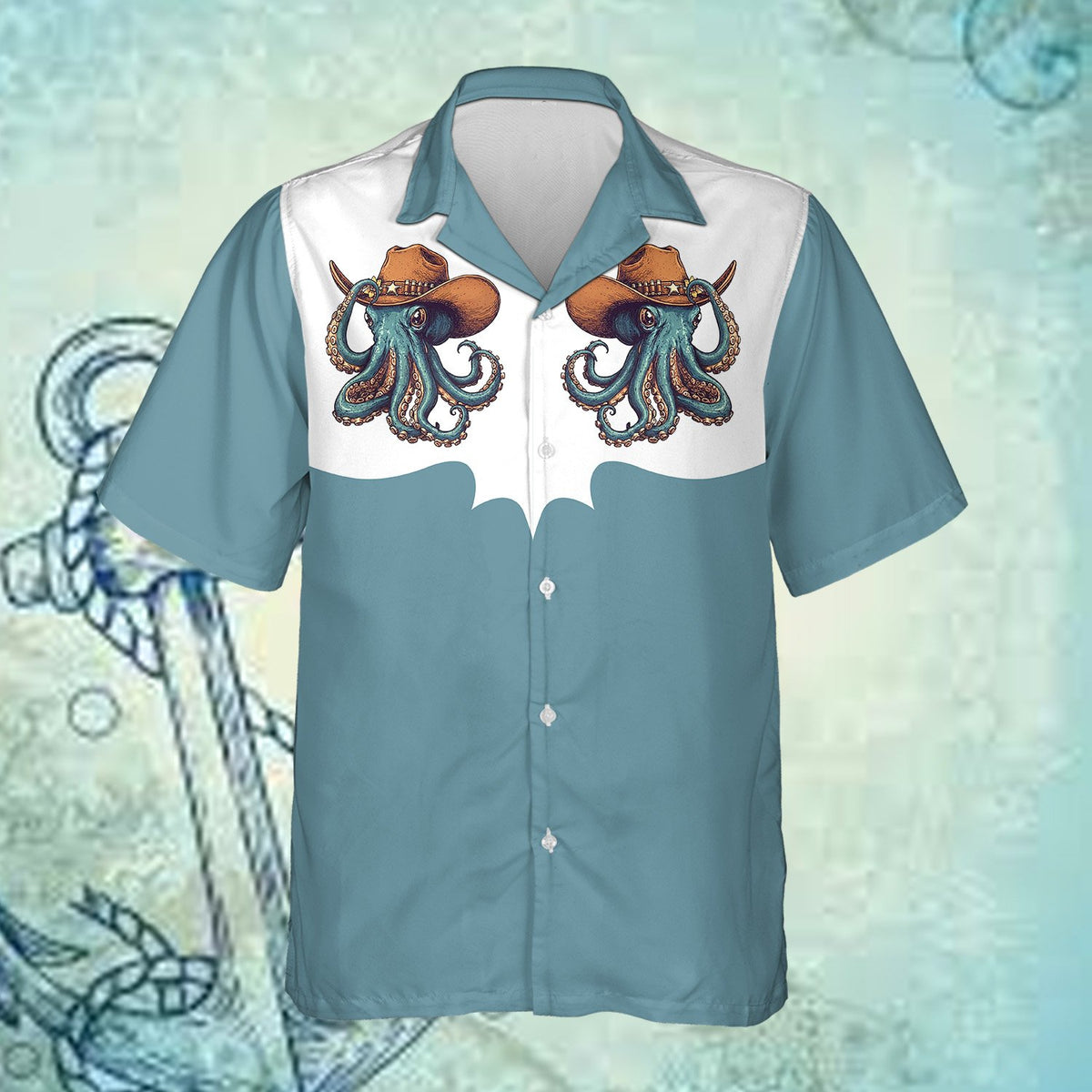 Alternate front view of the teal octopus hawaiian shirt