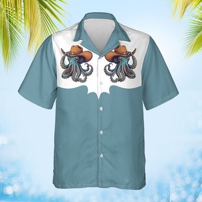 Octopus cowboy hawaiian shirt front view in teal and white