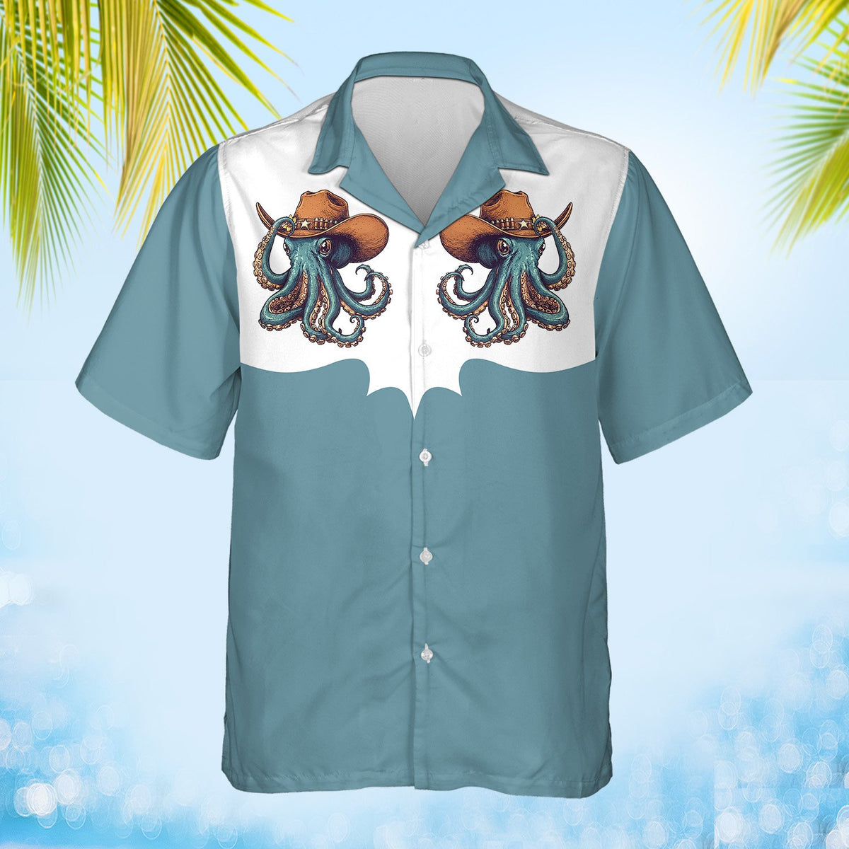 Front flat lay of the octopus cowboy hawaiian shirt