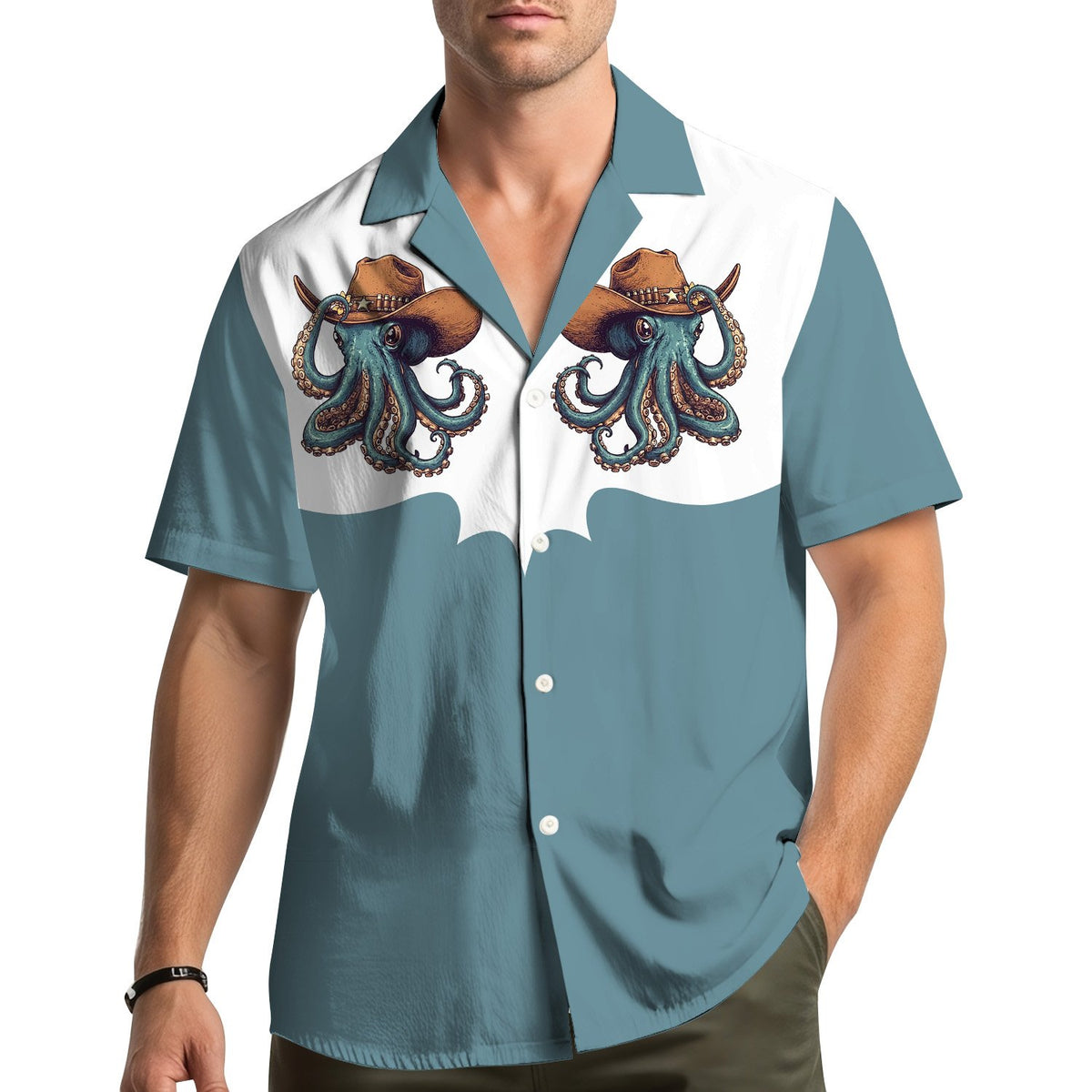 Lifestyle image of an adult wearing the matching family hawaiian shirt
