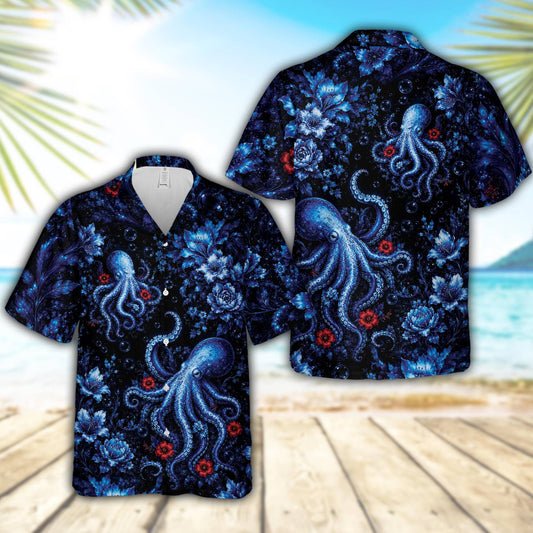 Main view of the navy octopus floral hawaiian shirt featuring blue sea creatures and red flowers