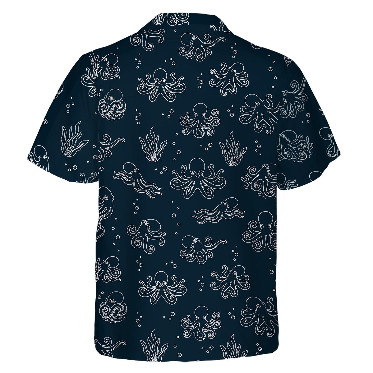 Back view of navy blue hawaiian shirt octopus pattern
