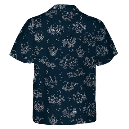 Back view of navy blue hawaiian shirt octopus pattern
