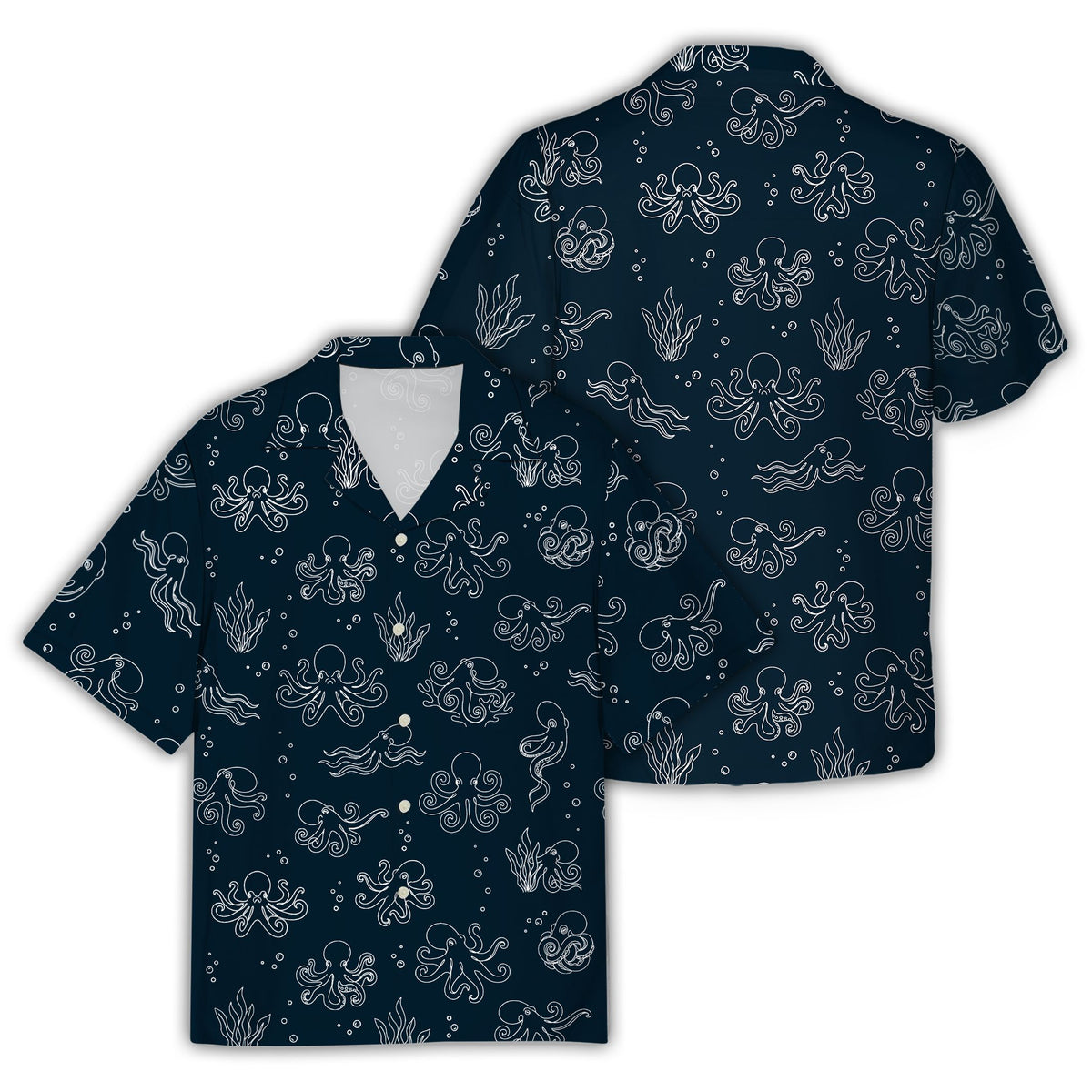 Main view of navy hawaiian shirt octopus design with white nautical pattern