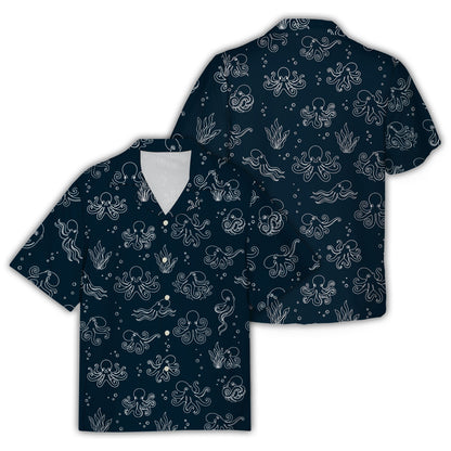 Main view of navy hawaiian shirt octopus design with white nautical pattern