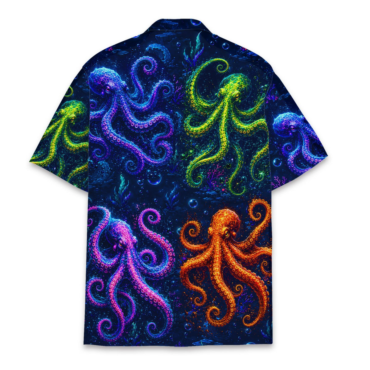 Back view of the vibrant underwater octopus hawaiian shirt