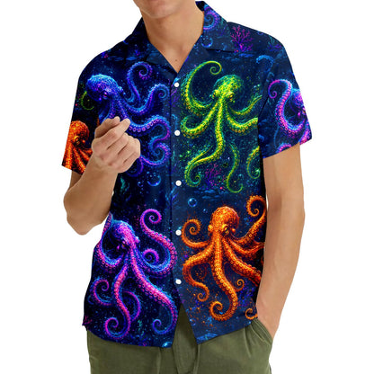 Close up front view of the glowing octopus design on a navy hawaiian shirt