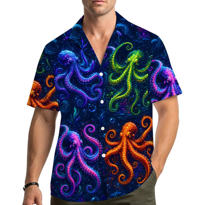 Colorful octopus ocean hawaiian shirt on navy background, secondary main view