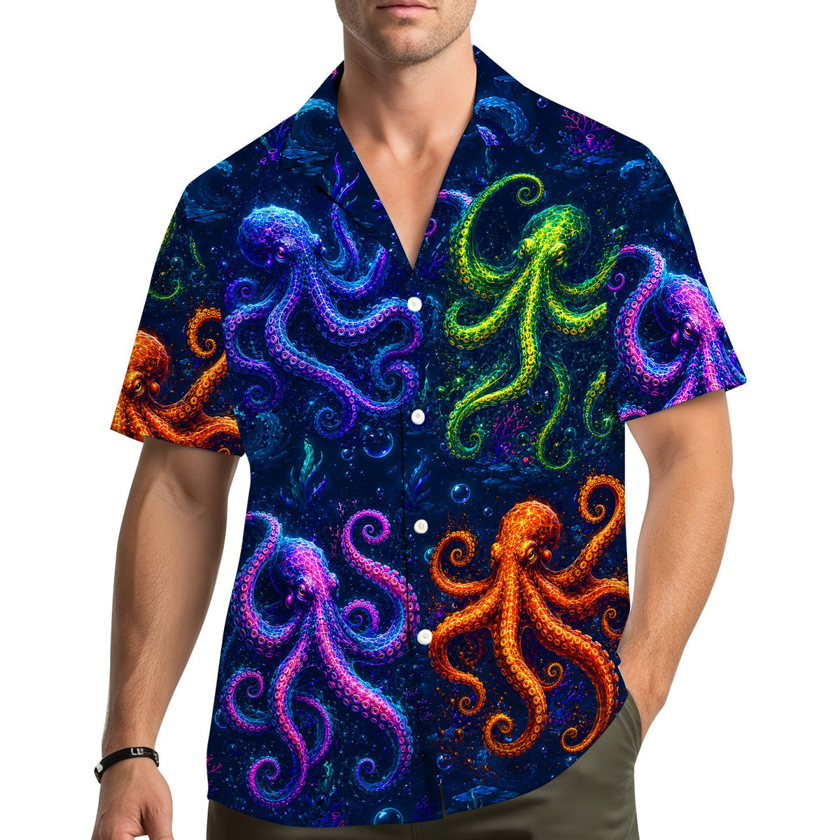 Vibrant navy octopus hawaiian shirt, main view