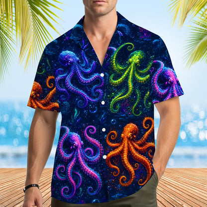 Fourth lifestyle angle of the summer hawaiian shirt featuring colorful octopuses