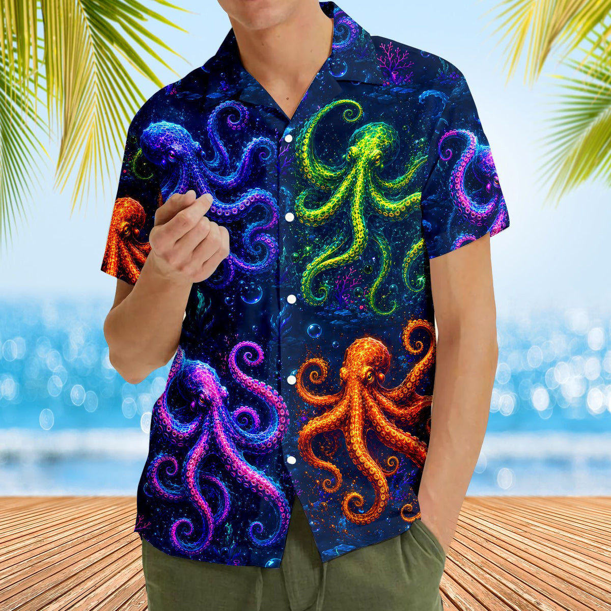 Fifth lifestyle view highlighting the comfortable fit of the ocean hawaiian shirt