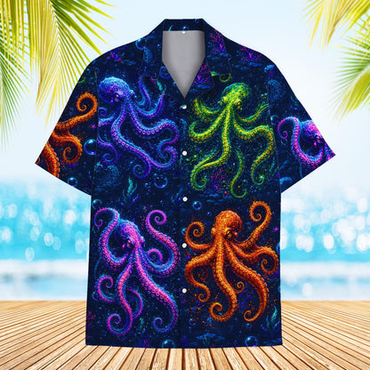 Lifestyle view of an adult wearing the navy octopus hawaiian shirt outdoors