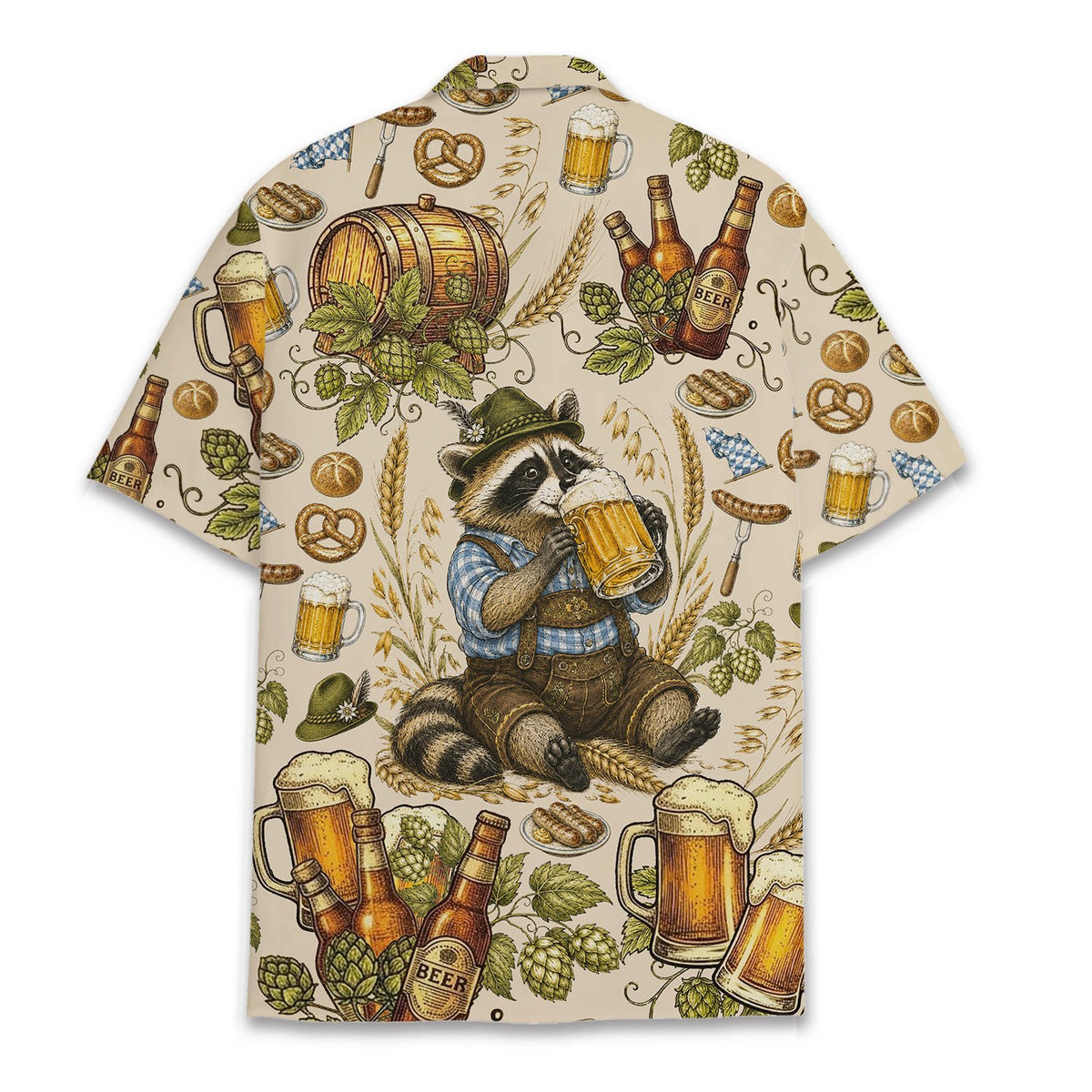 Oktoberfest hawaiian shirt with raccoon in lederhosen, back view