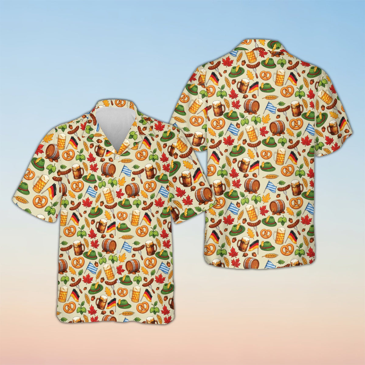 Beige Oktoberfest hawaiian shirt for family matching, front view