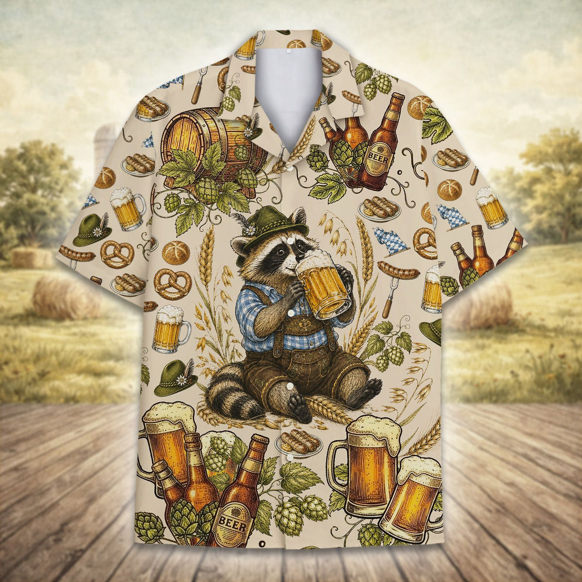 Beige matching family hawaiian shirts with Oktoberfest design, alternate front view