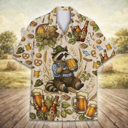 Beige matching family hawaiian shirts with Oktoberfest design, alternate front view