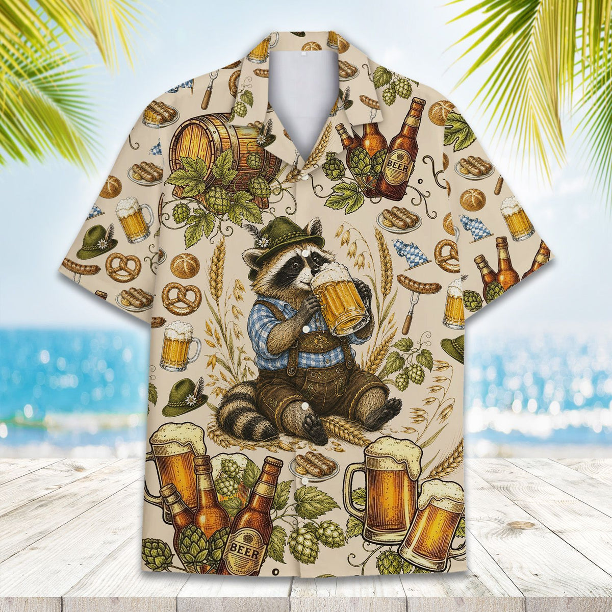 Oktoberfest raccoon hawaiian shirt, front angle view
