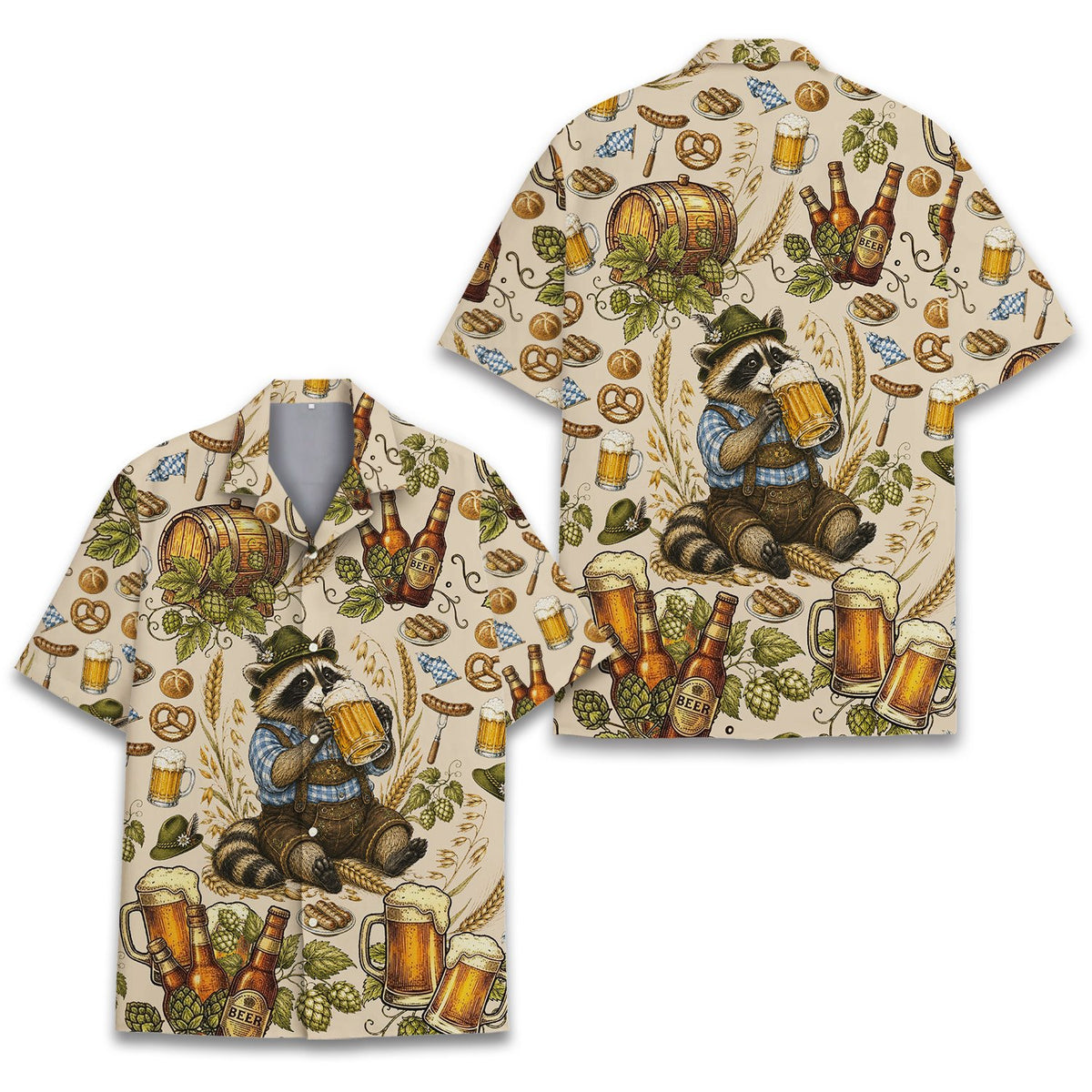 Family hawaiian shirt with beer and pretzel pattern, front view